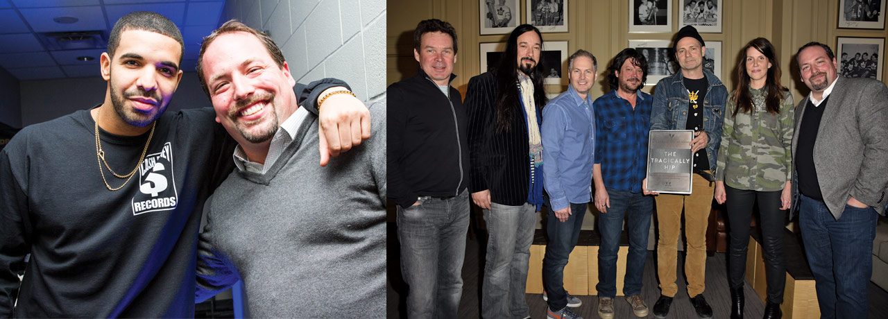 Wayne Zronik poses with Drake in one photo and the Tragically Hip in a second photo.