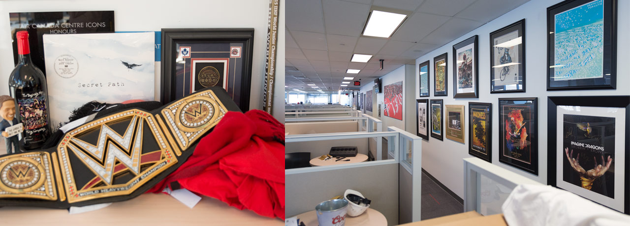 A WWE belt is displayed on a desk among other merchandise that Wayne has acquired from his celebrity meetings. Adjacent to the photo is a shot of concert posters along a wall in Wayne's office.