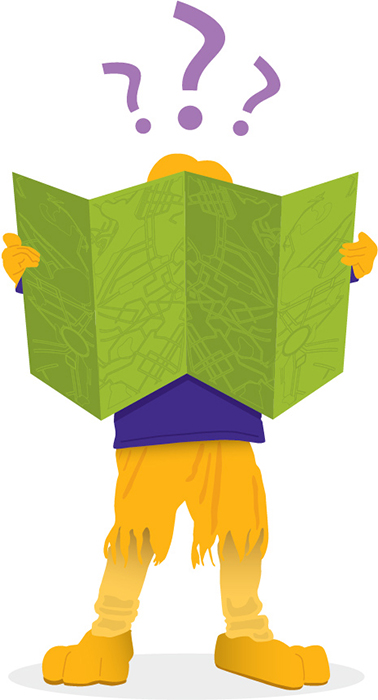 An illustration of Midas, the Laurier golden hawk mascot, looking at a map with question marks floating above his head.