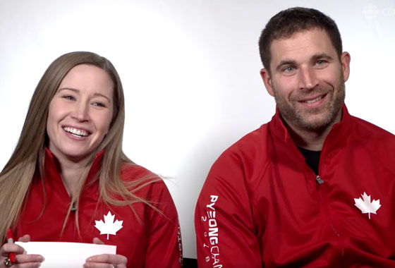 Kaitlyn Lawes and John Morris answer funny questions during a CBC interview.
